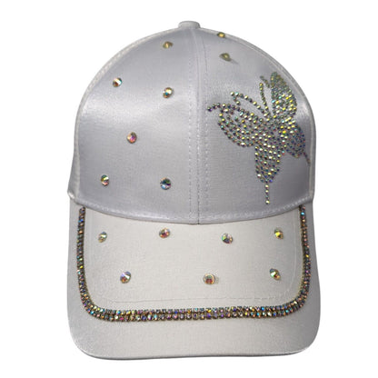 Rhinestone Butterfly Slideback Hat White OS Adjustable Embellished 6 Panel