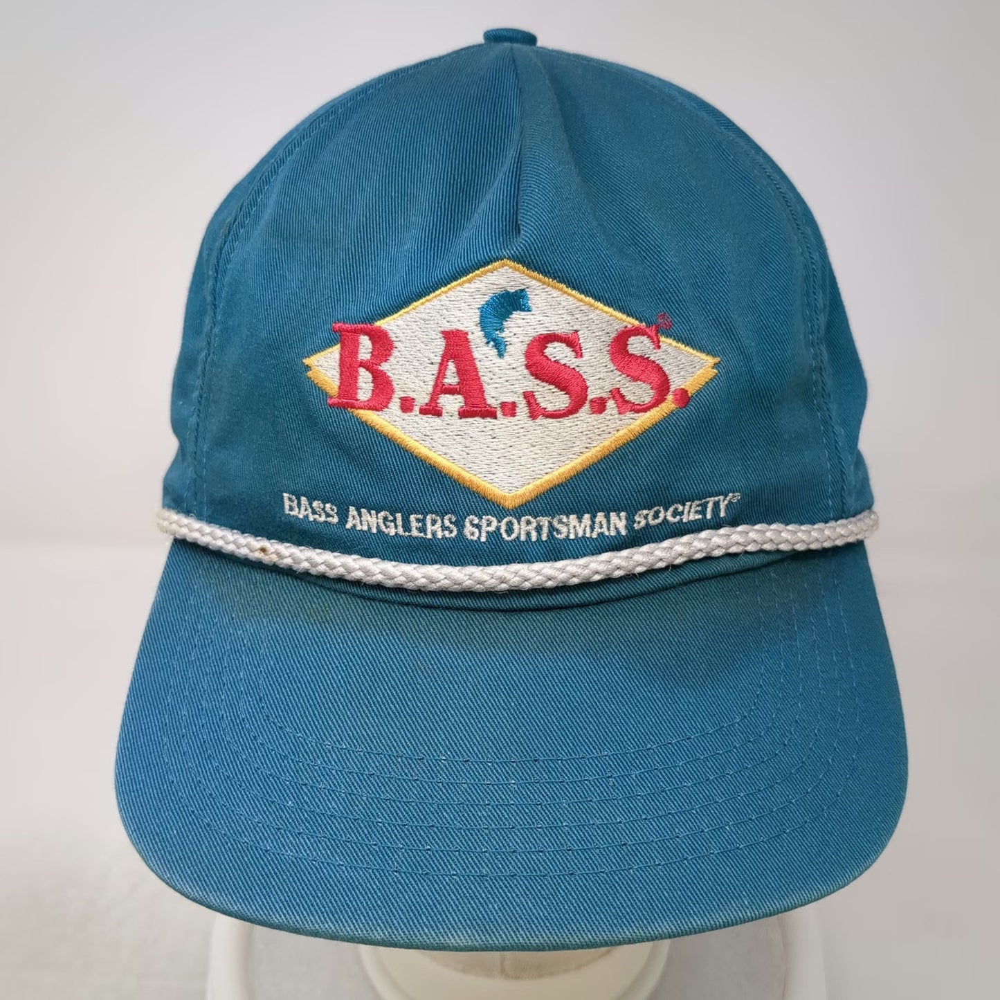 Bass Anglers Sportsman Society B.A.S.S. Trucker Blue Hat OS Rope USA Vintage