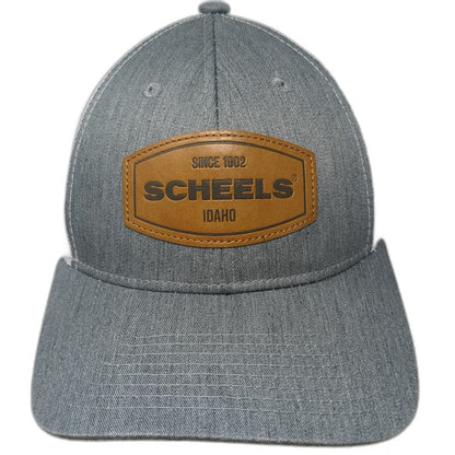 Scheels Trucker Hat Gray White Brown One Size Leather Patch Mesh Back Snapback