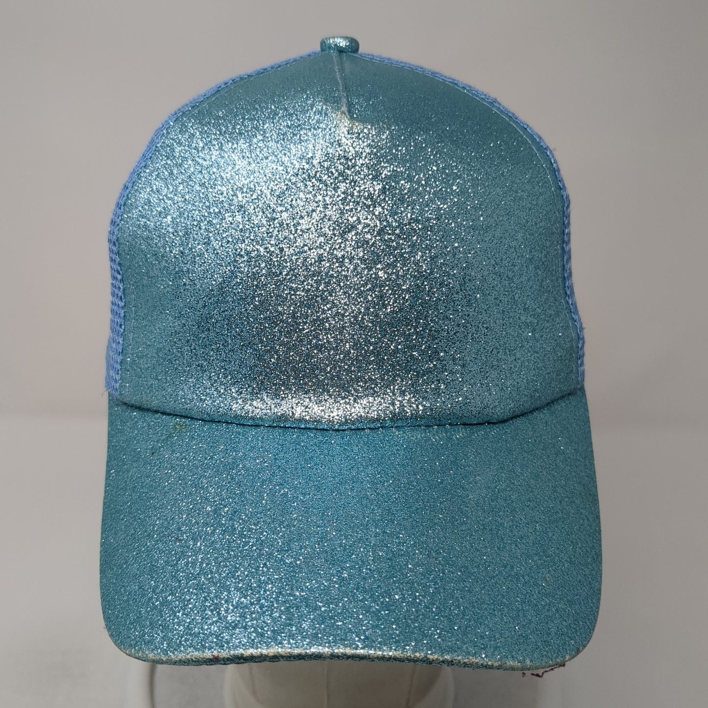 Glitter Ponytail Trucker Hat Blue One Size Adjustable Mesh Back Blank