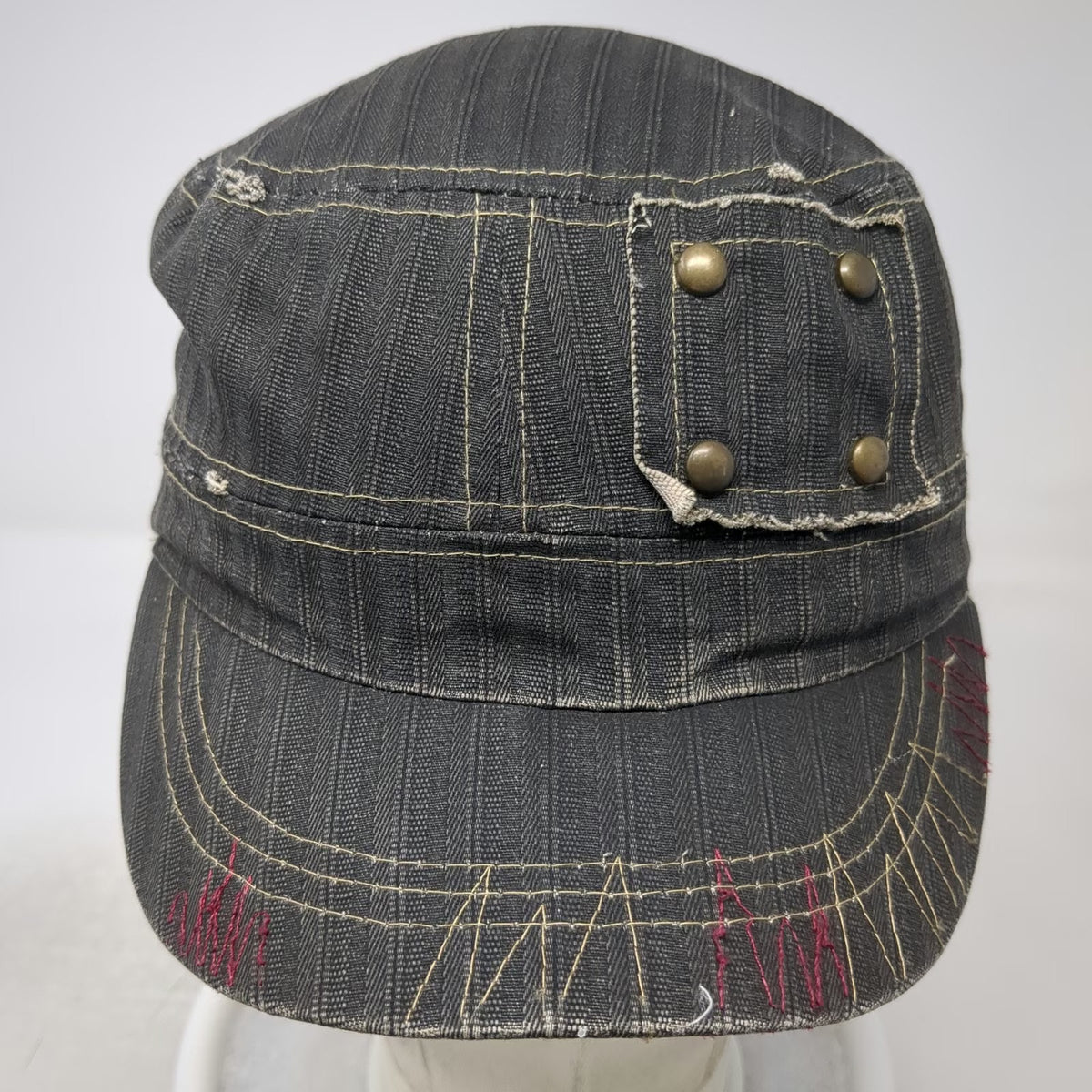 Army Cap Gray OSFM Herringbone Distressed Frayed Studs Red Gold Stitching Hat