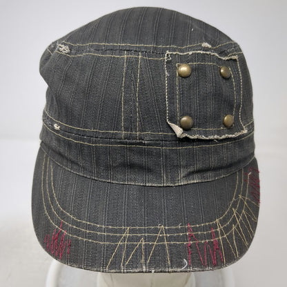 Army Cap Gray OSFM Herringbone Distressed Frayed Studs Red Gold Stitching Hat