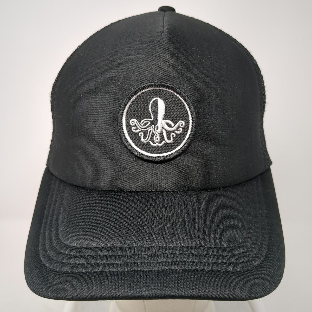 Black Trucker Hat One Size Mesh Back Snapback Octopus Patch Circular Logo