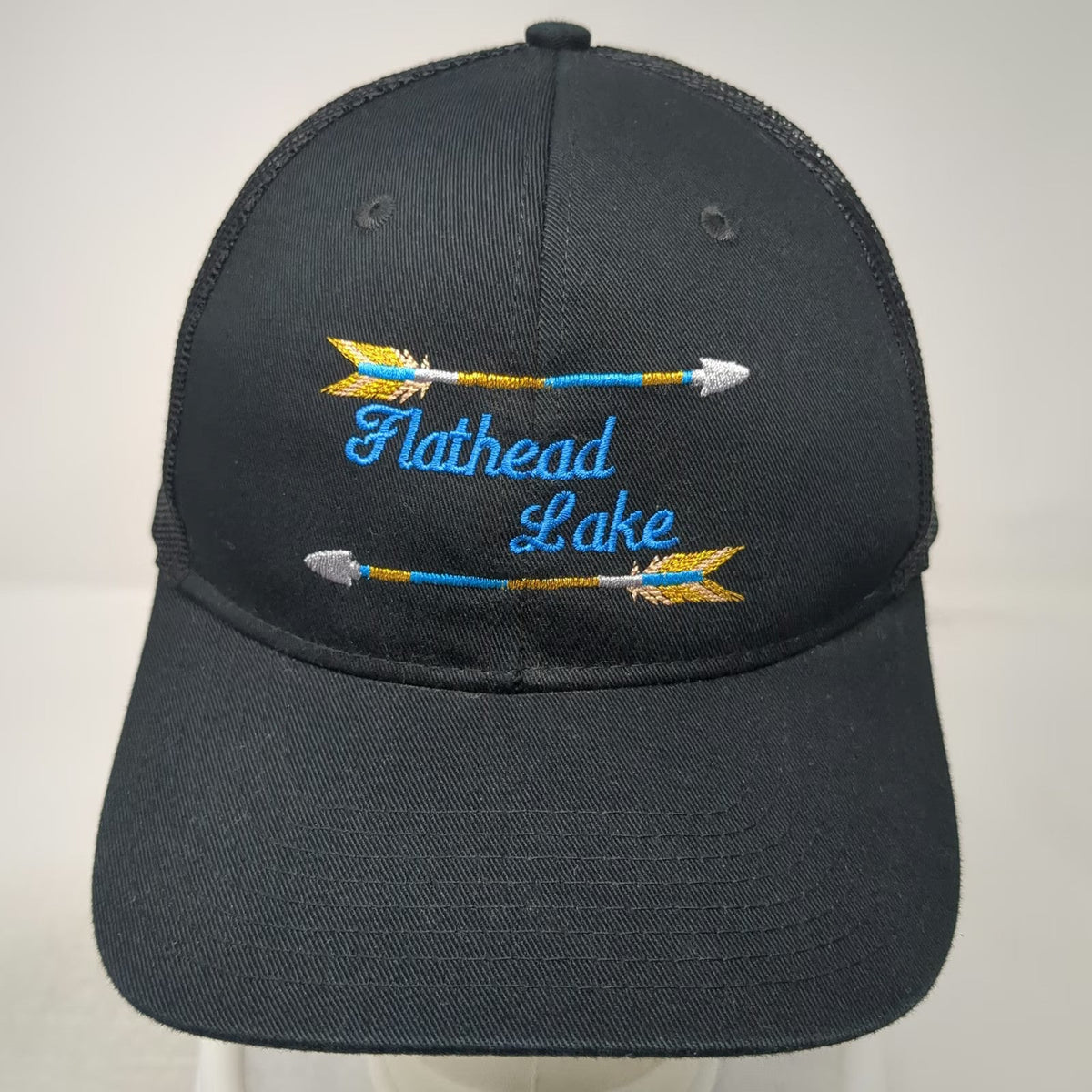 Port Authority Trucker Hat Black OSFM Flathead Lake Montana Mesh Snapback Cap