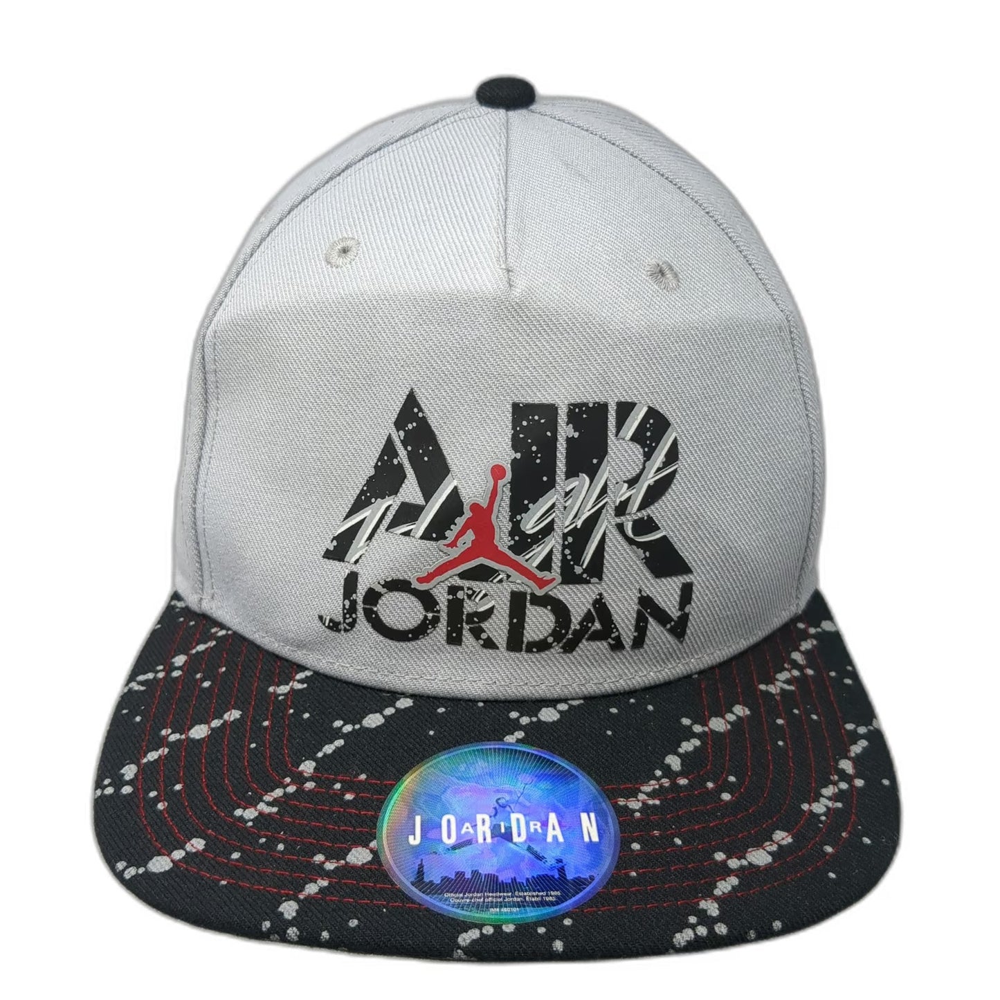 Jordan 5 Panel Gray One Size Snapback Paint Splatter Flat Brim Jumpman Logo Hat