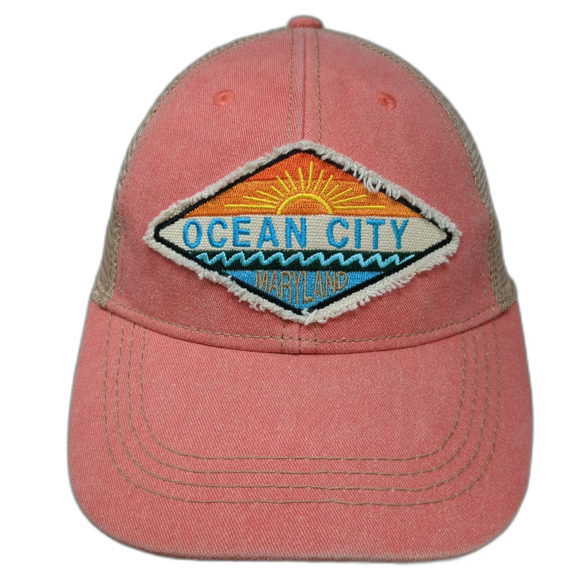 Sunsations Trucker Hat Pink Beige One Size Ocean City Maryland Patch Snapback