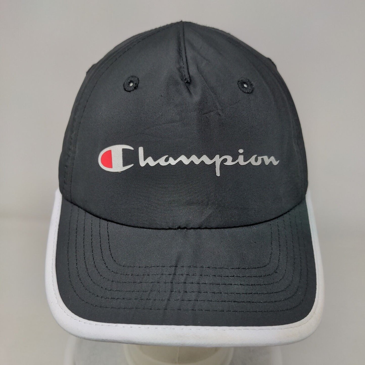 Champion Strapback Hat Black OSFA Adjustable Embroidered Vented Holes 6 Panel