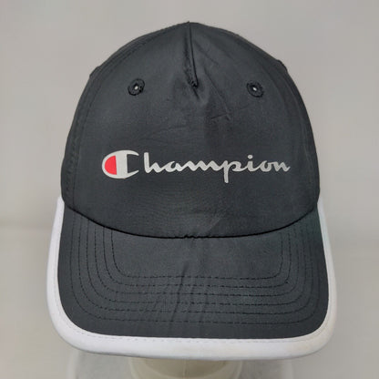 Champion Strapback Hat Black OSFA Adjustable Embroidered Vented Holes 6 Panel