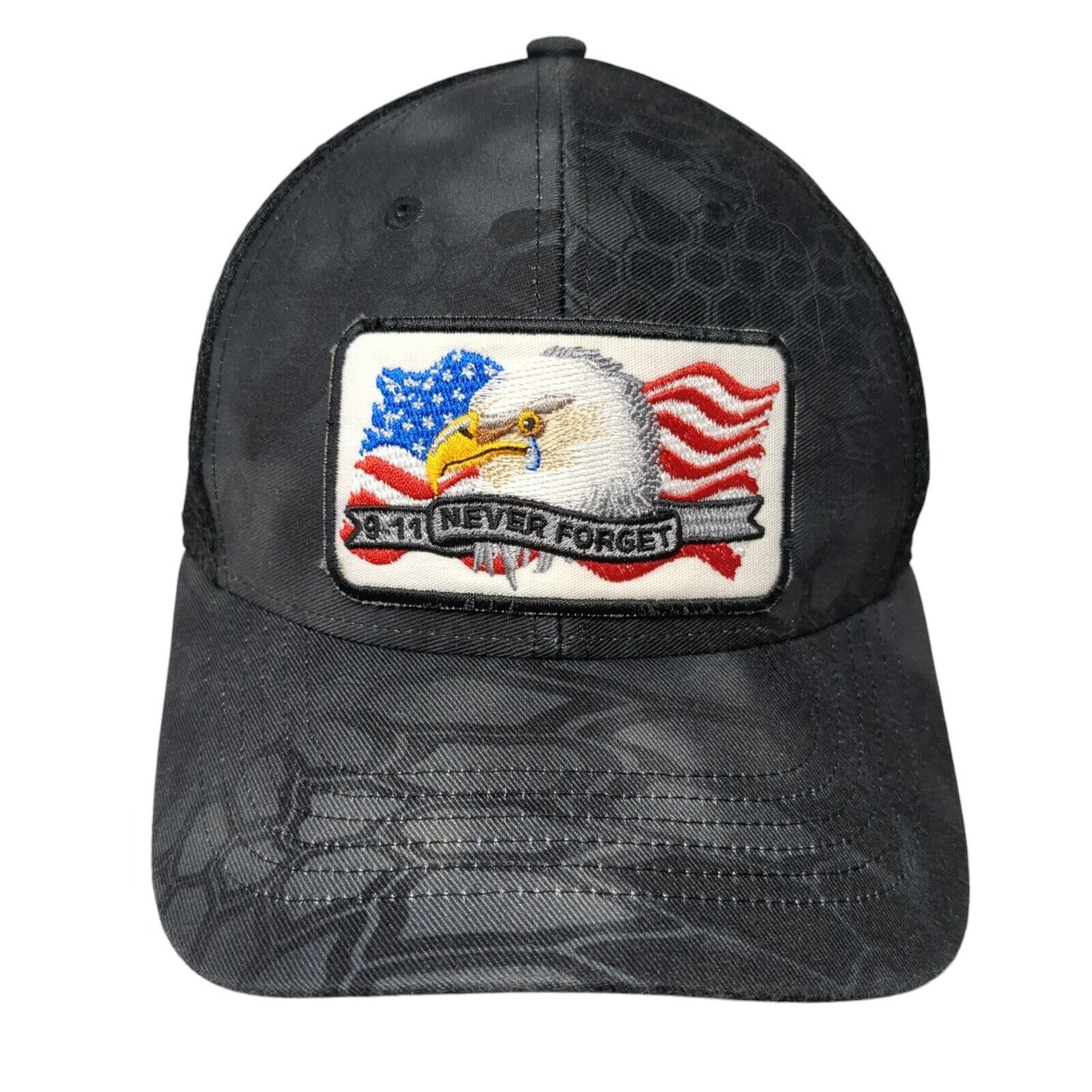 911 Never Forget Fitted Mesh Back Hat Camo S/M American Flag Eagle