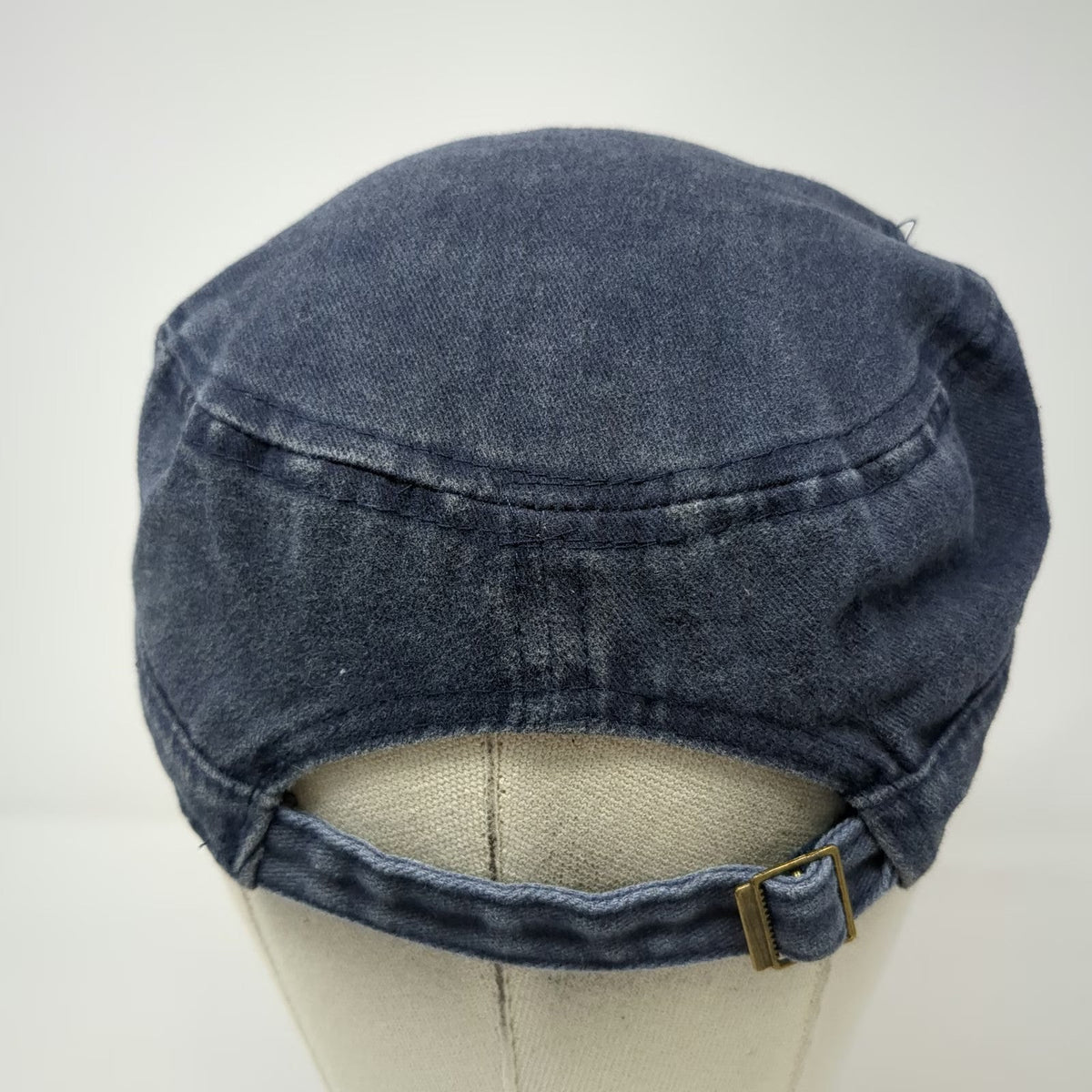 Army Cap Blue One Size Washed Denim Flat Top Adjustable Strapback Buckle Hat