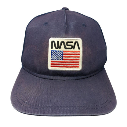 NASA USA Flag Snapback Mesh Back Trucker Hat Blue One Size Adjustable