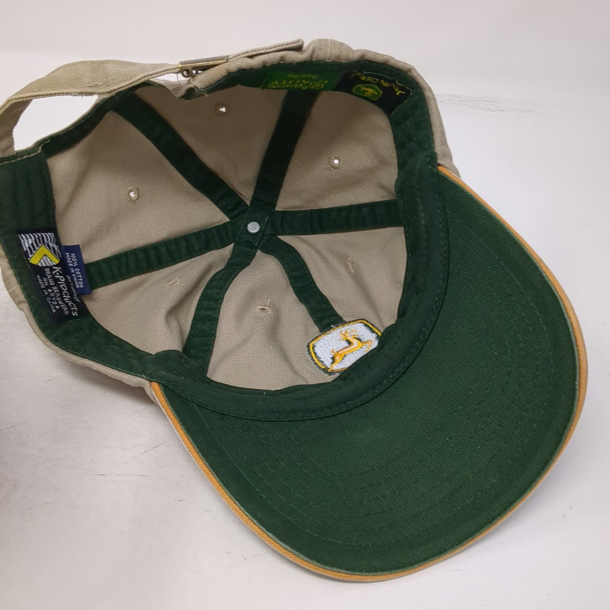 K-Products John Deere Baseball Cap Beige OSFM Hat Slideback Cotton Green Logo
