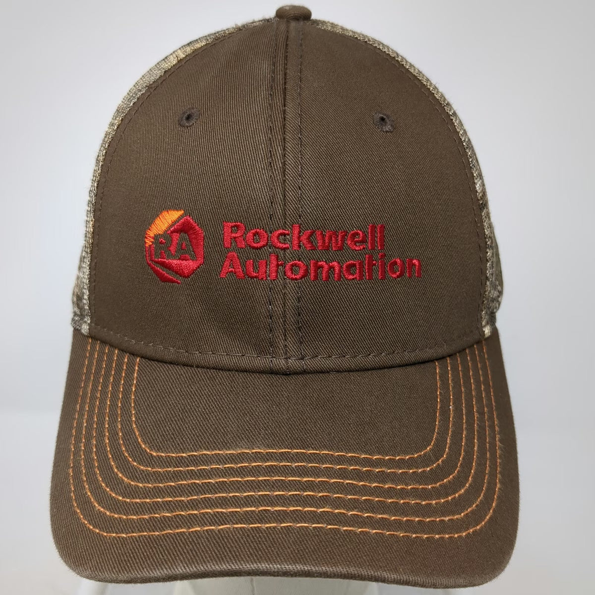 Brown Trucker Hat One Size Camo Rockwell Automation Mesh Snapback Embroidered