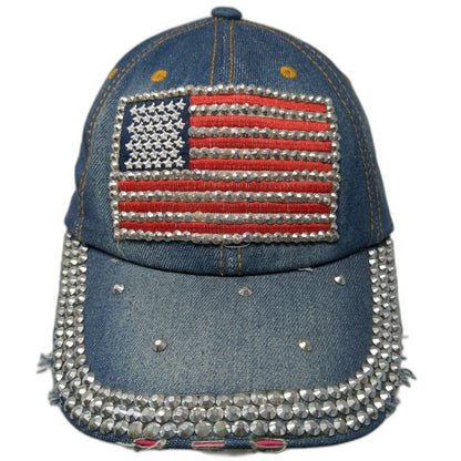 Blue Baseball Cap One Size Hat American Flag Studded Rhinestones Slideback Denim