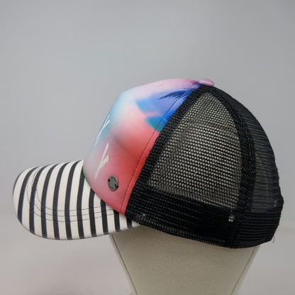 Roxy Trucker Hat Blue One Size Striped Brim Palm Tree Sunset Beach Surf Snapback