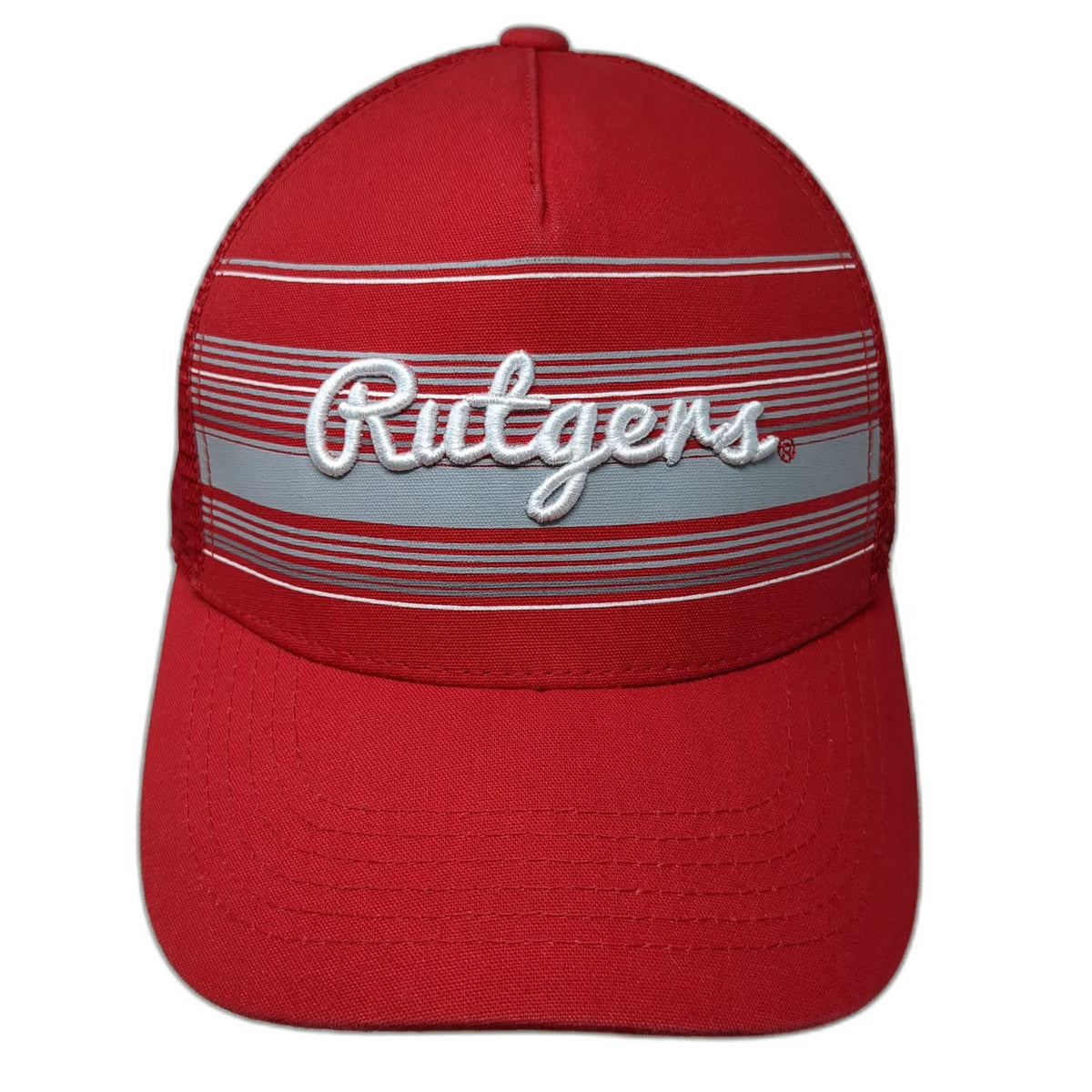 Top of the World Trucker Hat Red Gray White OSFM Rutgers Script Mesh Snapback