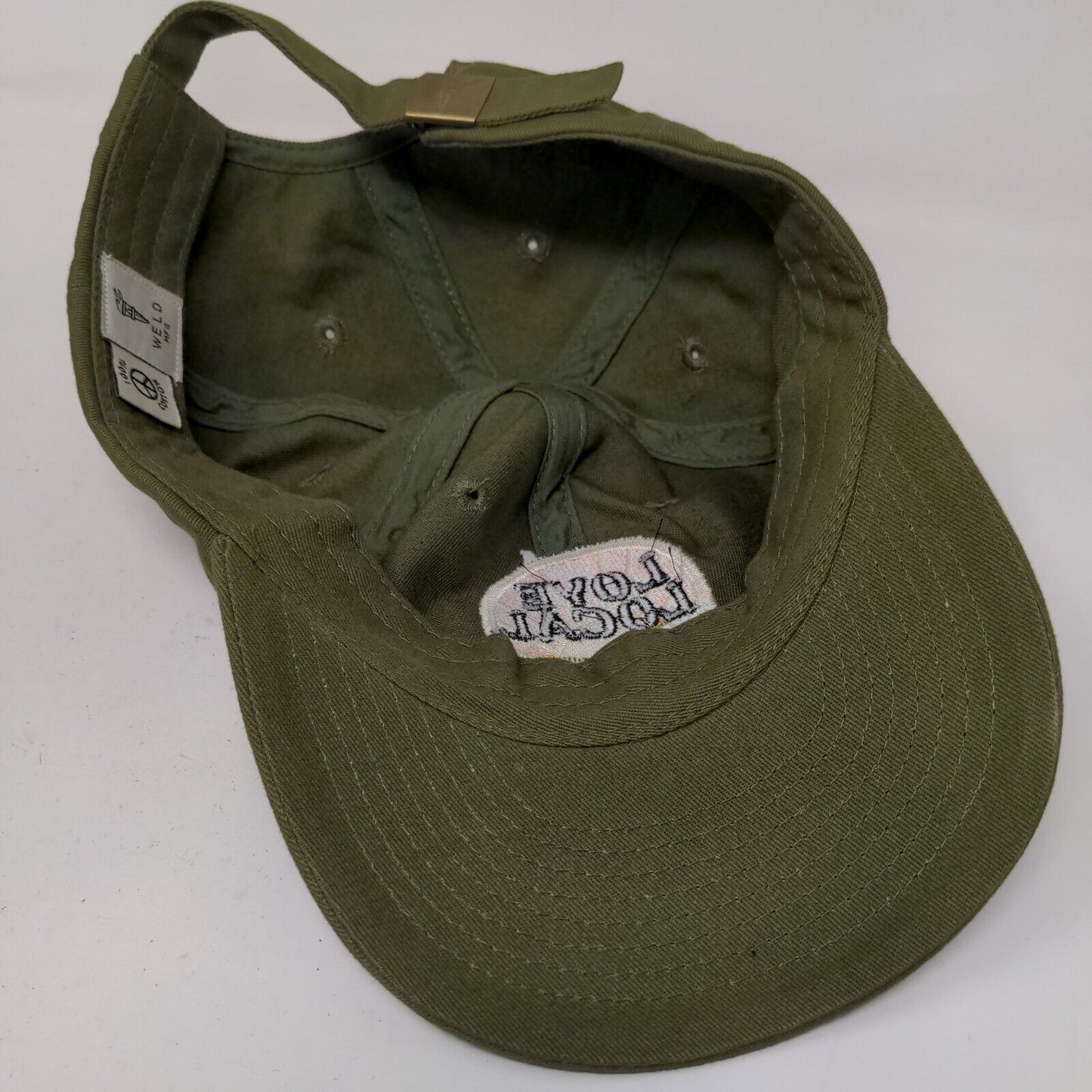 Weld MFG Men's Slideback Hat Green Embroidered Love Local Logo Skinny Pancake