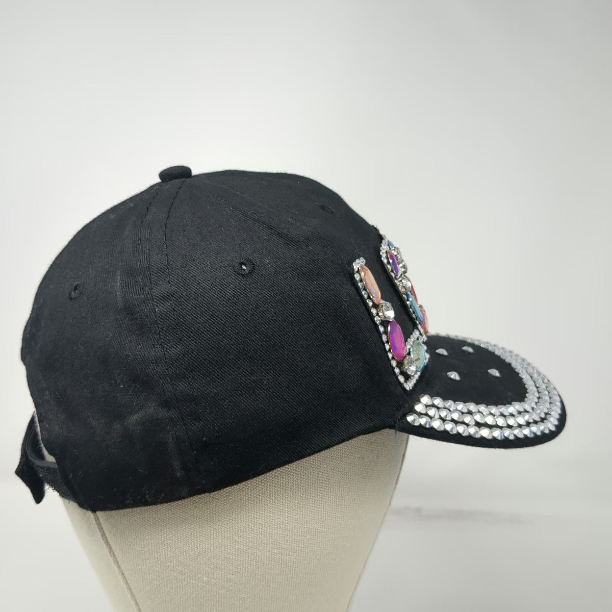 Baseball Cap Black One Size Rhinestone LOVE Gem Brim Strapback Bling Jewels hat