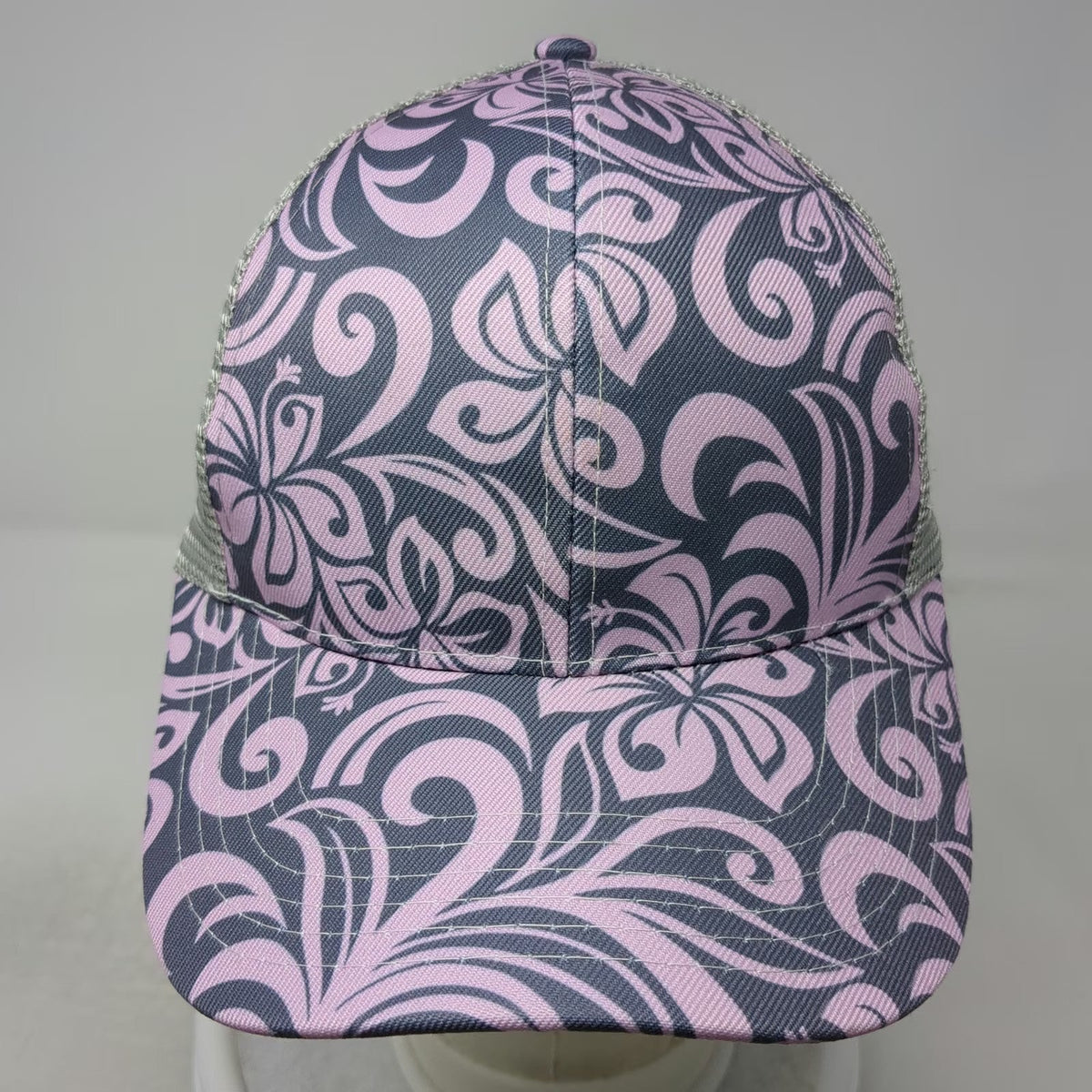 Happy Wahine Trucker Hat Purple Gray One Size Floral Hibiscus Pattern Snapback