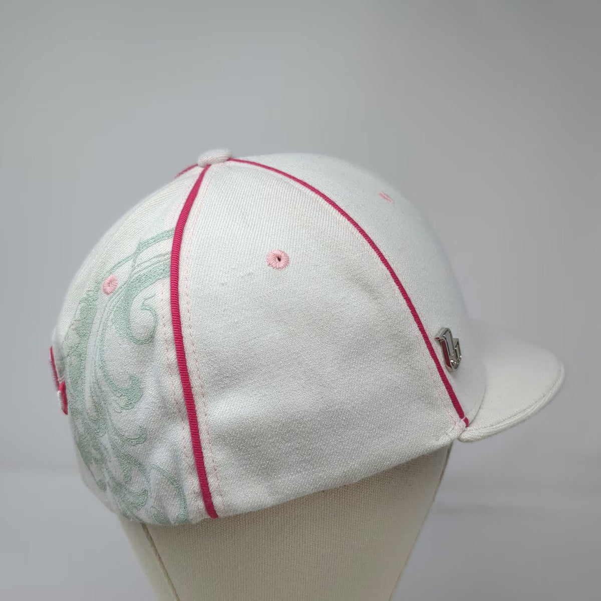 Lil Brims Baseball Cap White Pink Green One Size Scroll Print Stretch Fit Hat