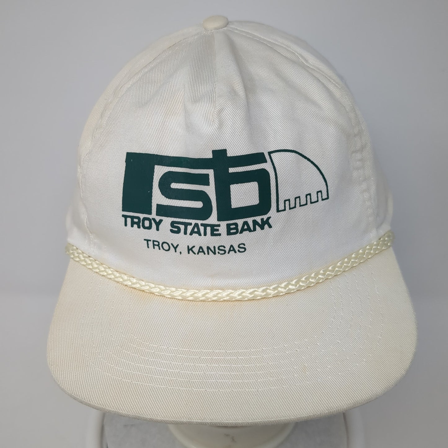 Troy State Bank Snapback Hat White One Size Adjustable Vented Holes Rope