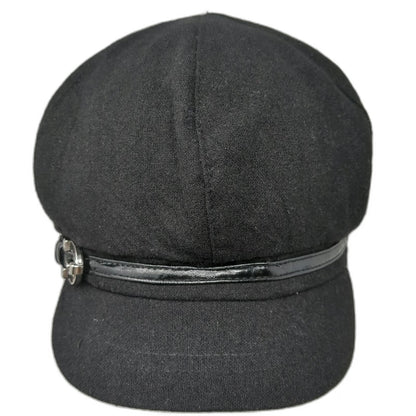 Nine West Army Cap Black One Size Wool Blend Buckle Strap Fashion Flat Top Hat