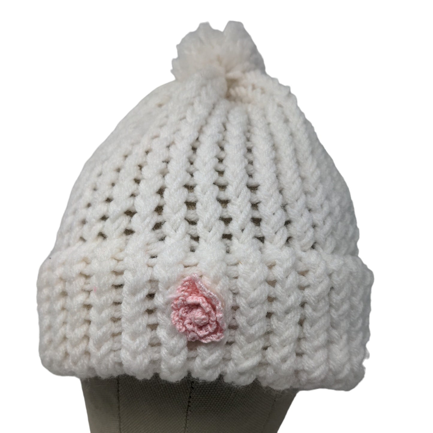 Grandma Bonnie Tender Loving Care Women's Knit Beanie Hat White Flower Accent