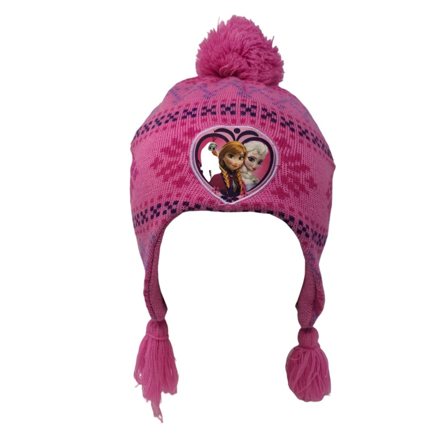 Disney Frozen Knit Pom Pom Beanie Hat Pink One Size Ear Flap Fair Isle