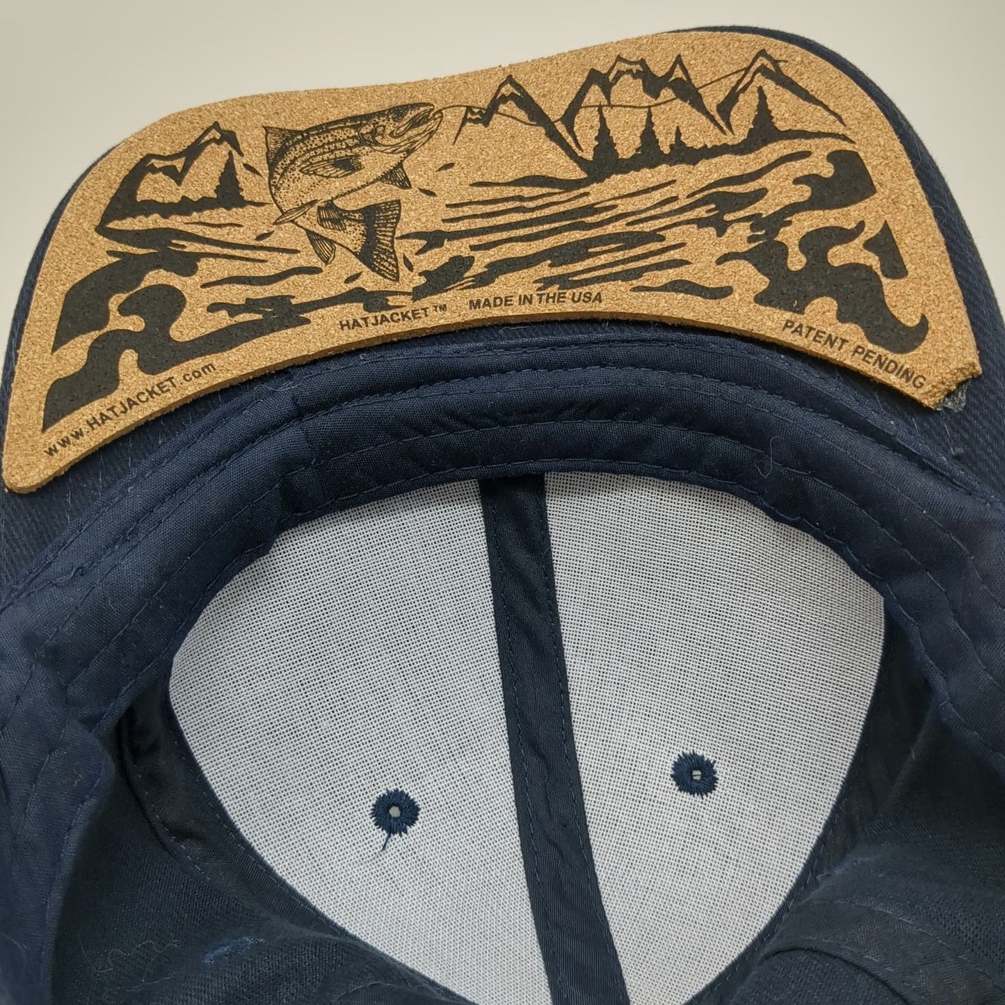 KC HatJacket Baseball Cap Blue One Size Cork Underbrim Trout Fish Mountain Hat