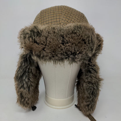 Unbranded Men's Trapper Hat Brown Check 57/M Vegan Fur Lining 100% Polyester