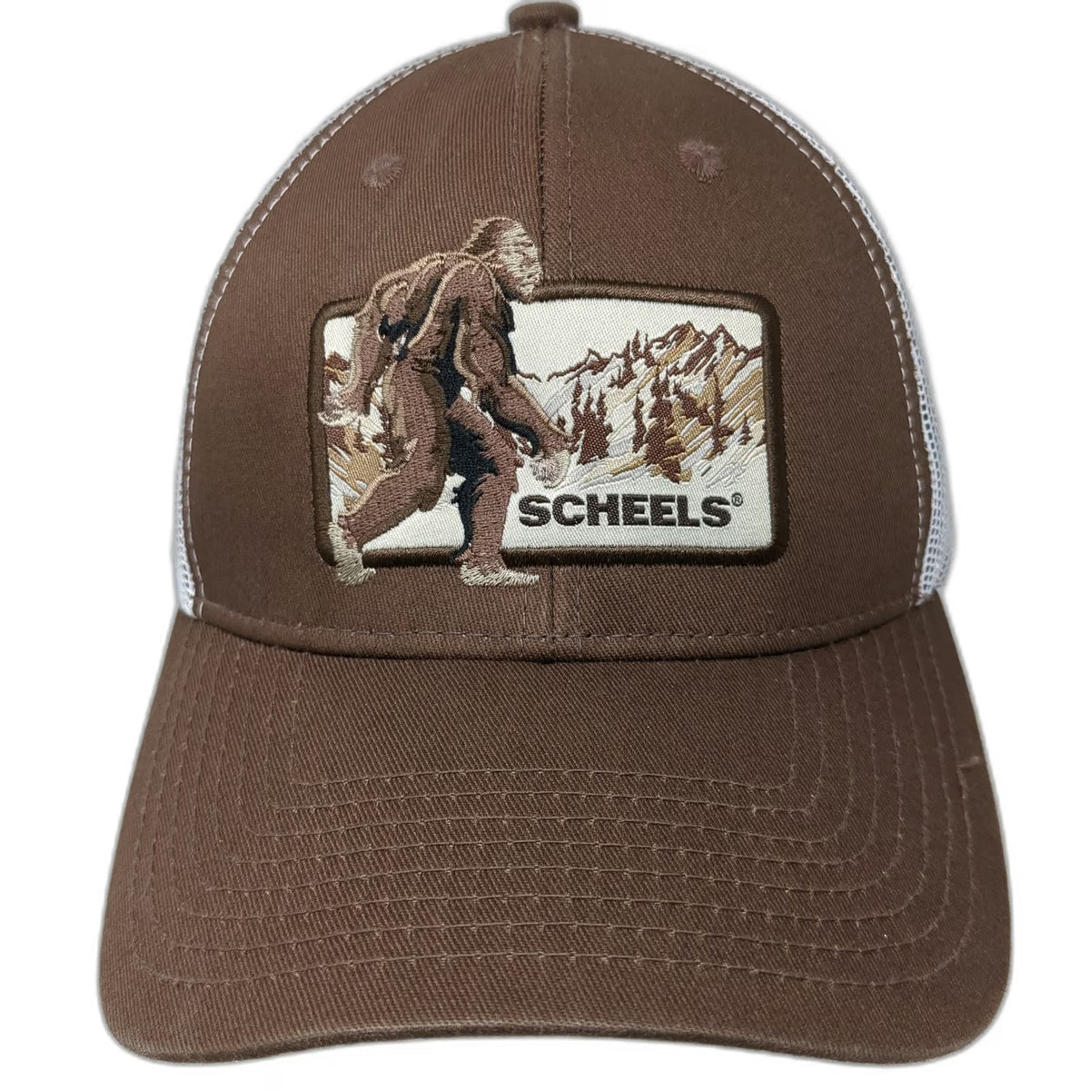 Scheels Trucker Hat Brown OSFM Bigfoot Sasquatch Mountain Patch Mesh Snapback