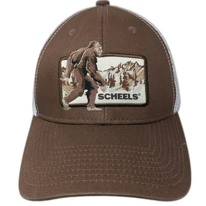 Scheels Trucker Hat Brown OSFM Bigfoot Sasquatch Mountain Patch Mesh Snapback