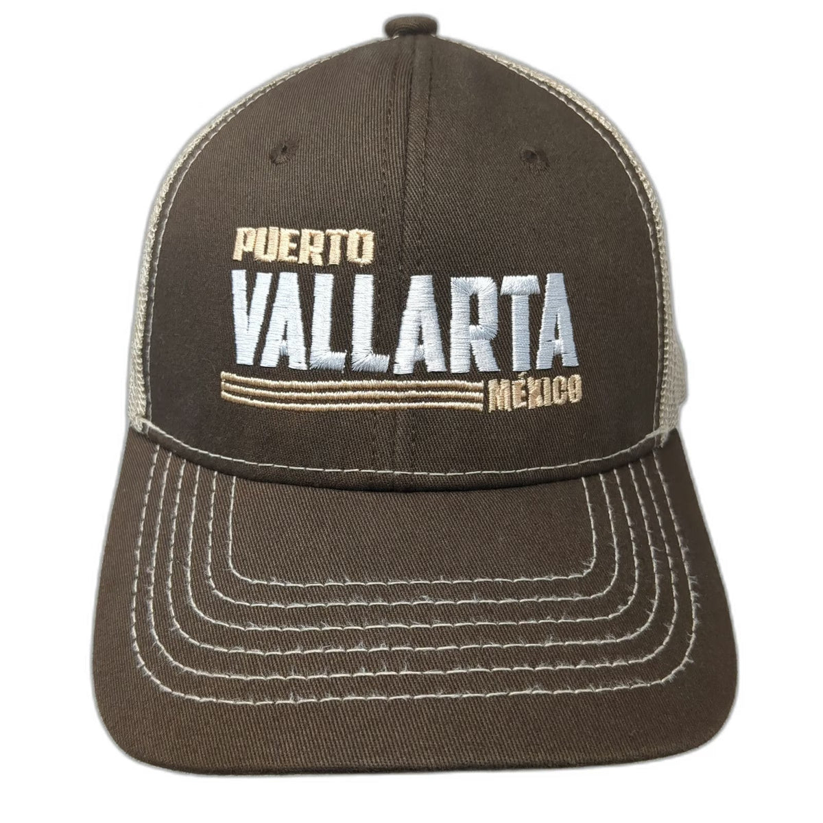 Invasion Brown Trucker Hat One Size Puerto Vallarta Mexico Mesh Snapback Stitch