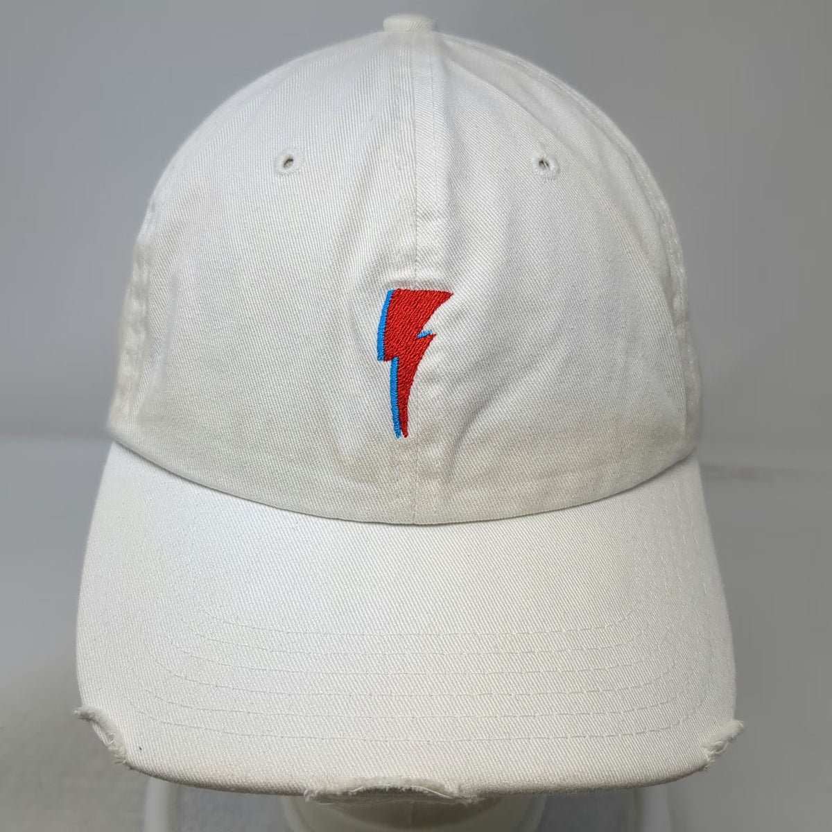 Bowie Baseball Cap White One Size Distressed Brim Embroidered Lightning Bolt Hat