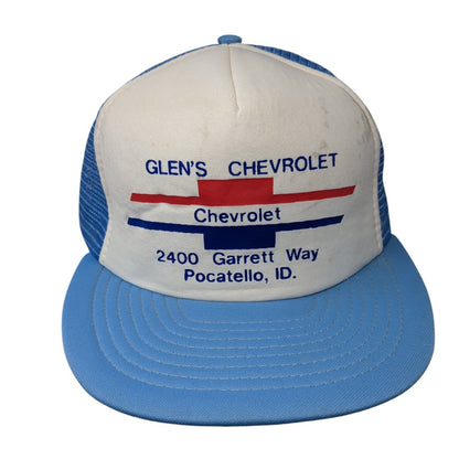 Glen's Chevrolet 2400 Garrett Way Pocatello ID Snapback Trucker Hat Blue OS Mesh
