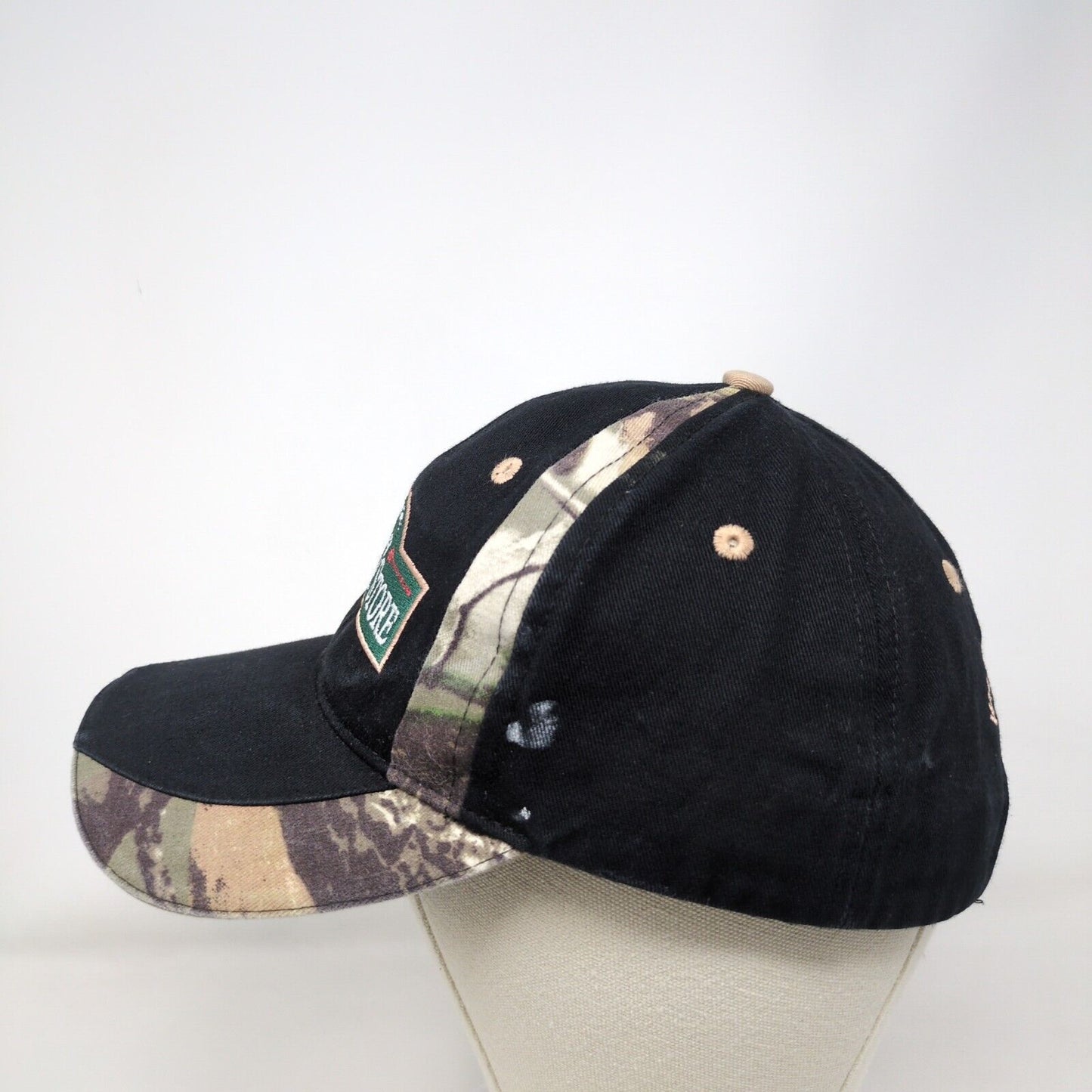 Valley Country Store Strapback Hat Black OSFA Adjustable Camo Trim