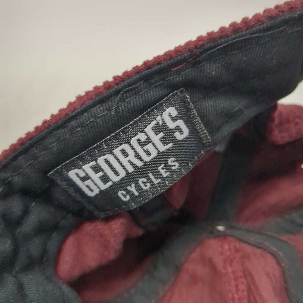 George's Cycles 5 Panel Red Hat One Size Corduroy Boise Idaho Slideback