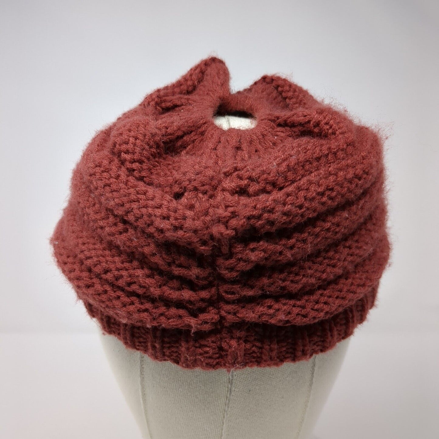 C.C Exclusives Fitted Knit Beanie Red OSFA Bun Ponytail Solid Blank