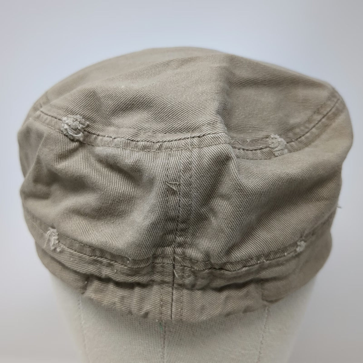 Army Cap Beige One Size Hat Distressed Frayed Cotton Military Cadet Style Flat