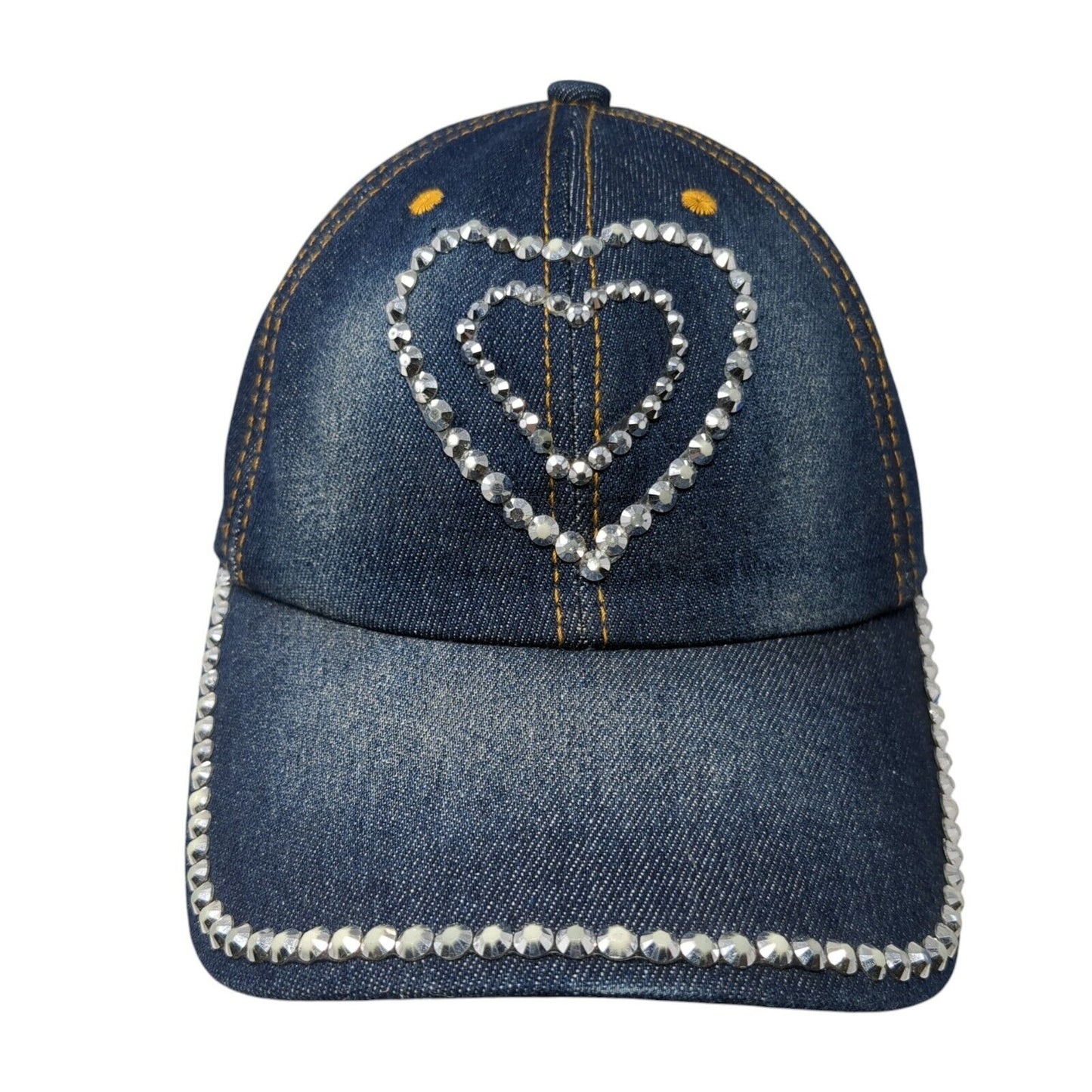 Bedazzled Heart Slideback Hat Blue One Size Adjustable Denim Rhinestone Blank