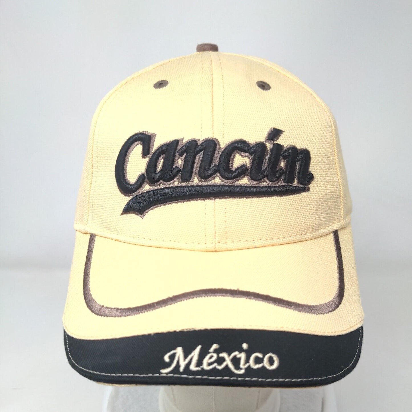 Cancun Mexico Slideback Hat Tan One Size Adjustable Embroidered Chichen-Itza