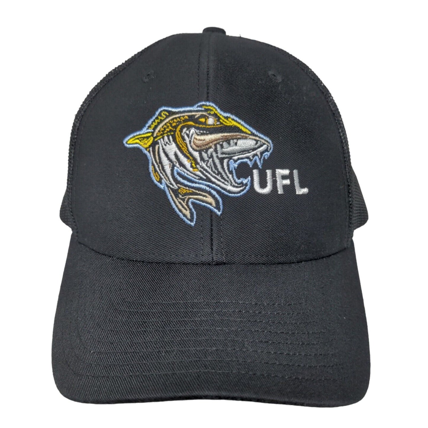 UFL Snapback Mesh Back Trucker Hat Black Adjustable Embroidered Fish Logo