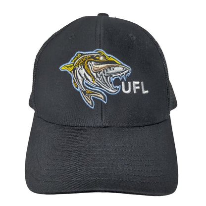 UFL Snapback Mesh Back Trucker Hat Black Adjustable Embroidered Fish Logo
