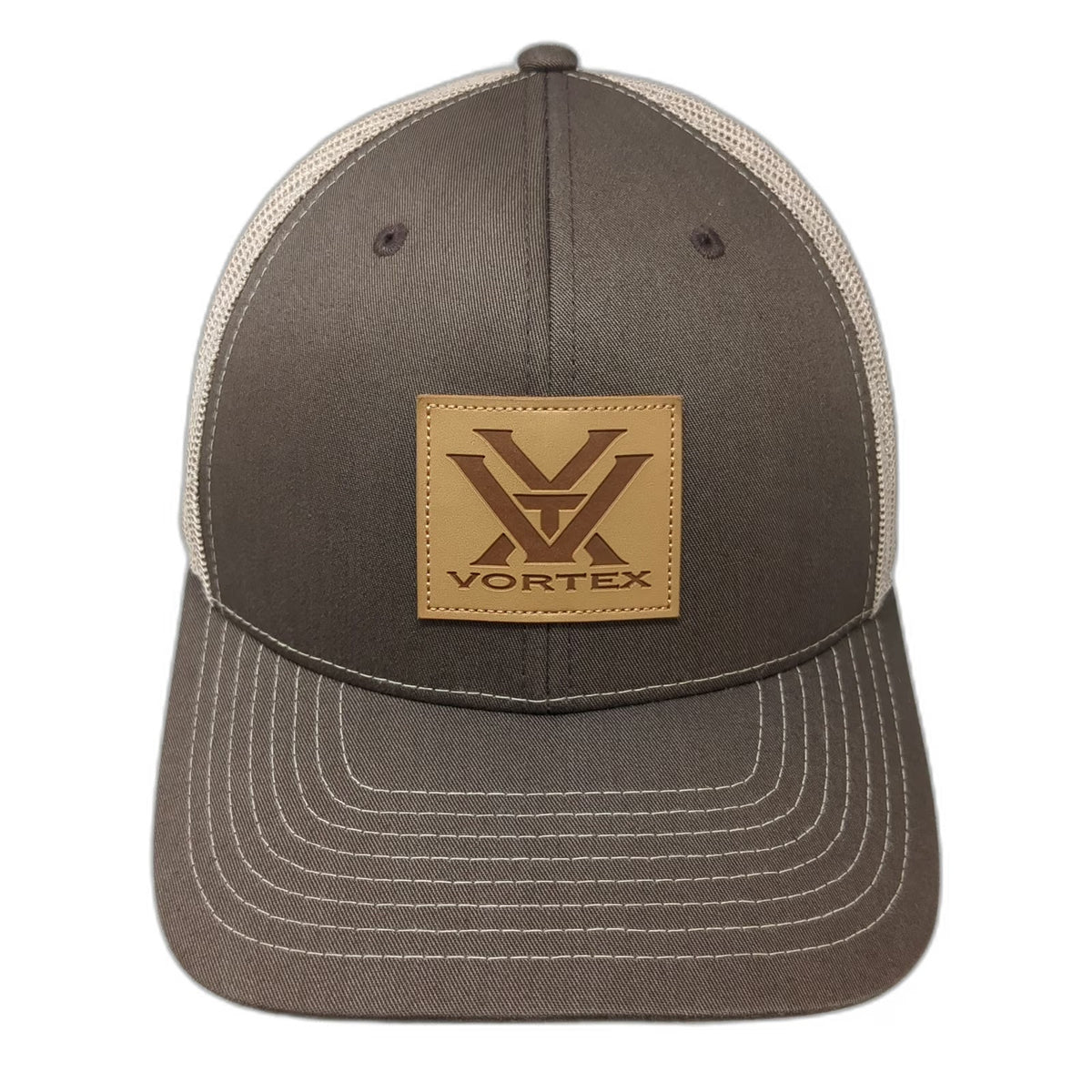 Vortex Trucker Hat Brown One Size Mesh Back Snapback Leather Logo Patch Cap