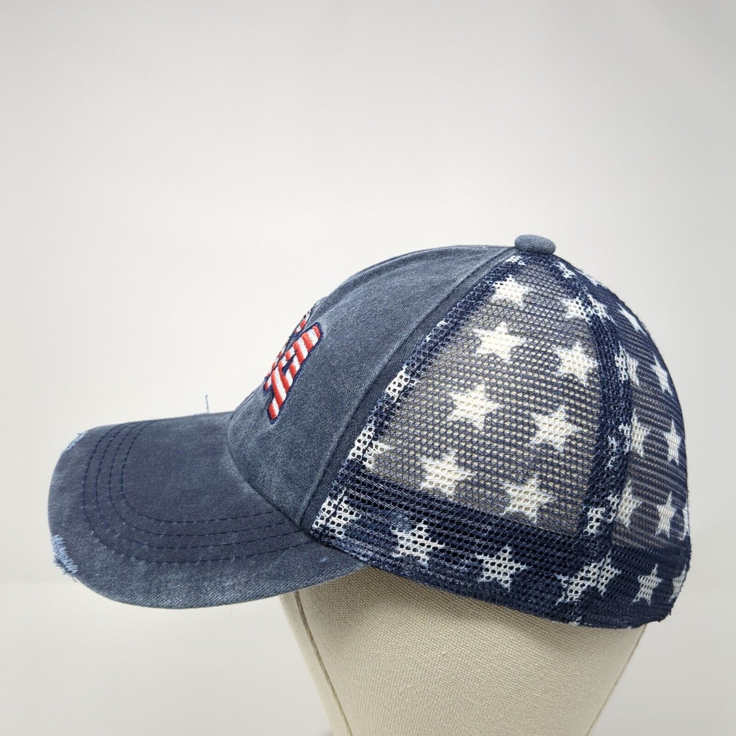 USA Strapback Trucker Hat Blue OS Adjustable Patriotic Distressed Mesh Back