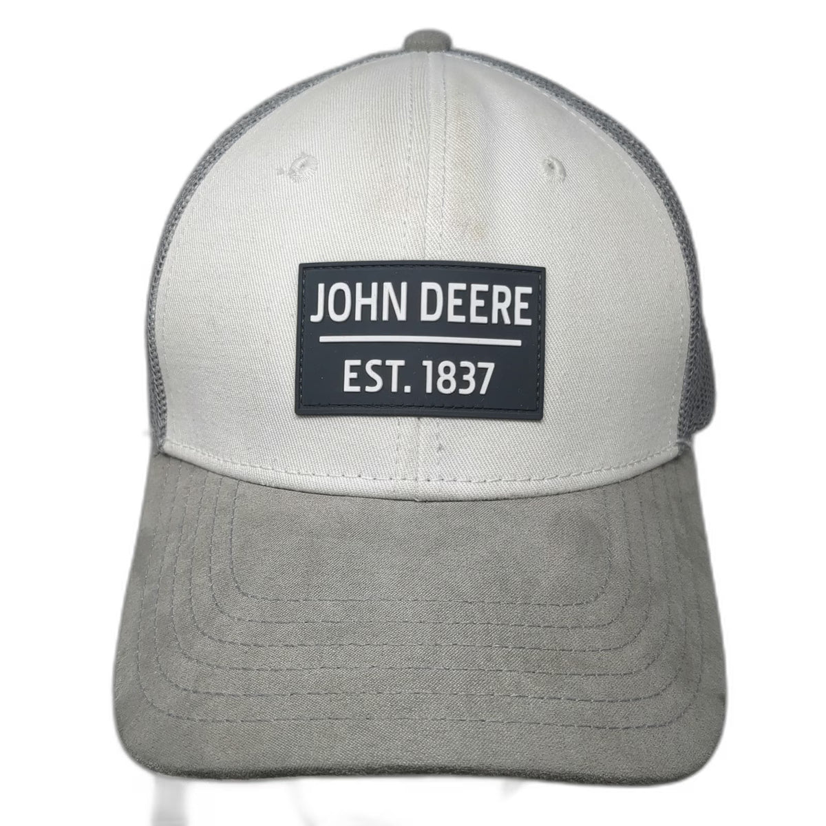 John Deere Trucker Hat Gray One Size Mesh Back Snapback Suede Brim Logo Patch