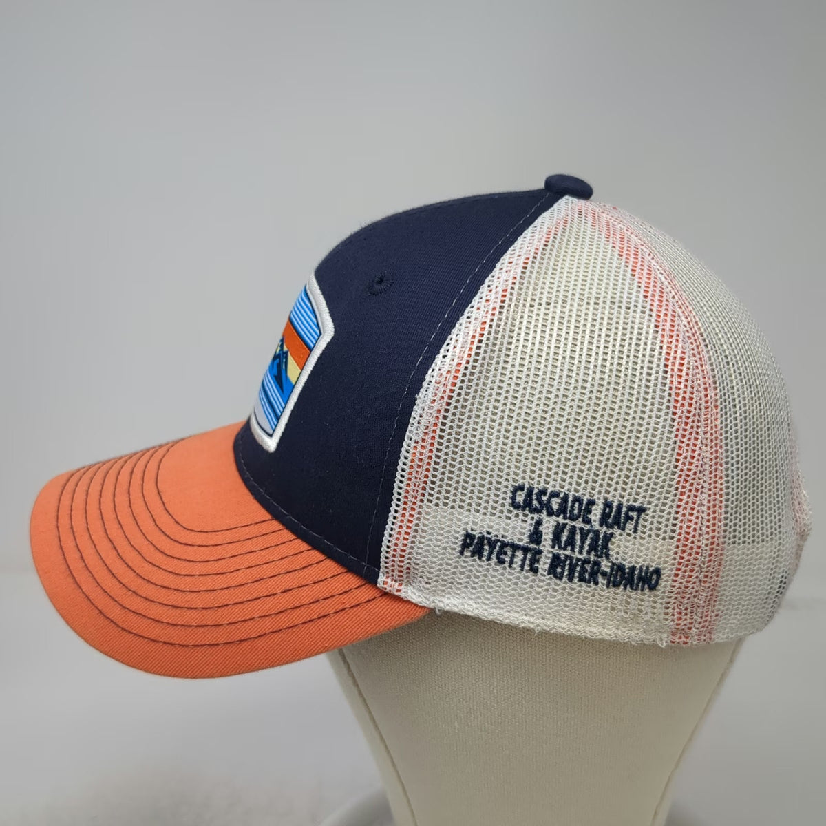 Trucker Hat Blue Orange White One Size Cascade Raft Kayak Idaho Mountain Patch