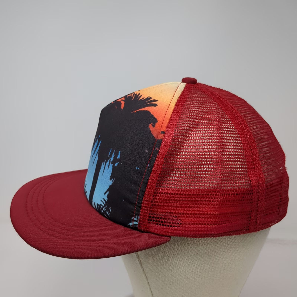 Jacobson Trucker Hat Red One Size Kona Hawaii Sunset Palm Tree Mesh Snapback