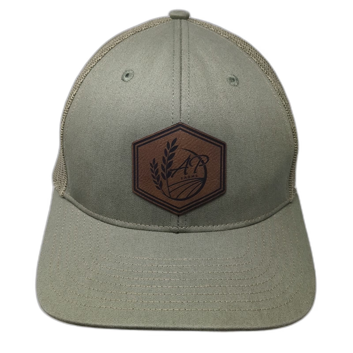Richardson Trucker Hat Green One Size Leather Patch Mesh Back Snapback Farm Logo