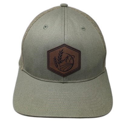 Richardson Trucker Hat Green One Size Leather Patch Mesh Back Snapback Farm Logo